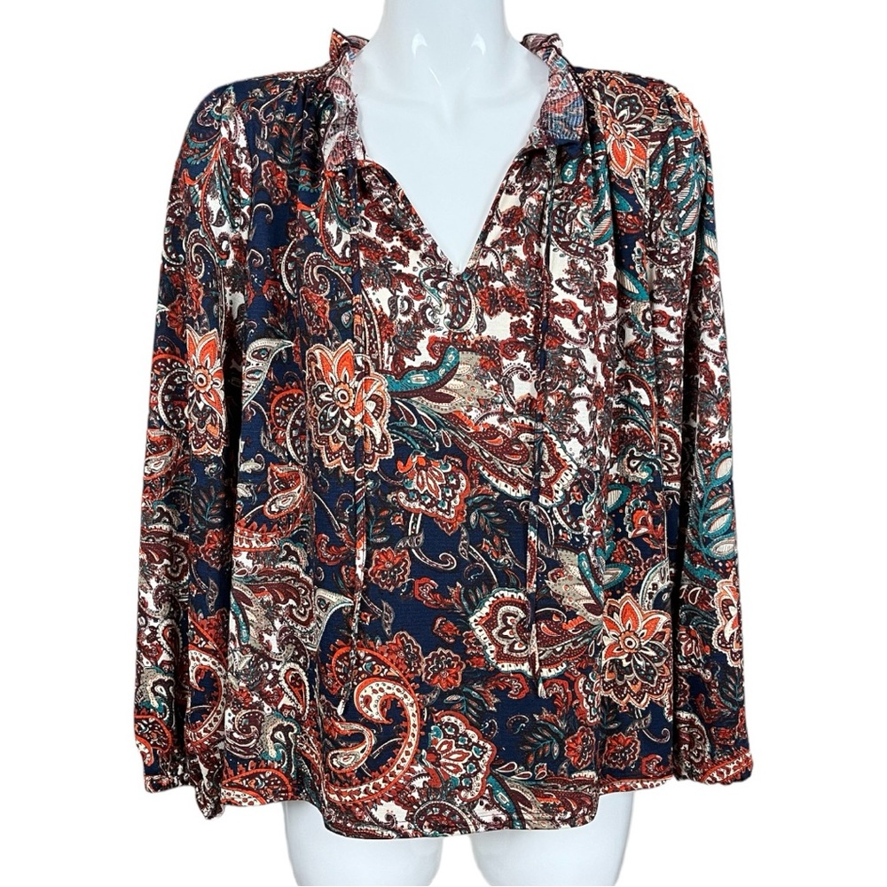 Melloday Bohemian Paisley Ruffle Tie Neck Poly Spandex Blend Blouse Size Large